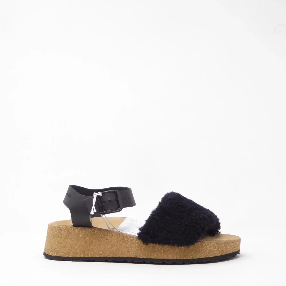Papillio Birkenstock Womens Glenda Wedge Sandal Black Shearling Size 38 / 7